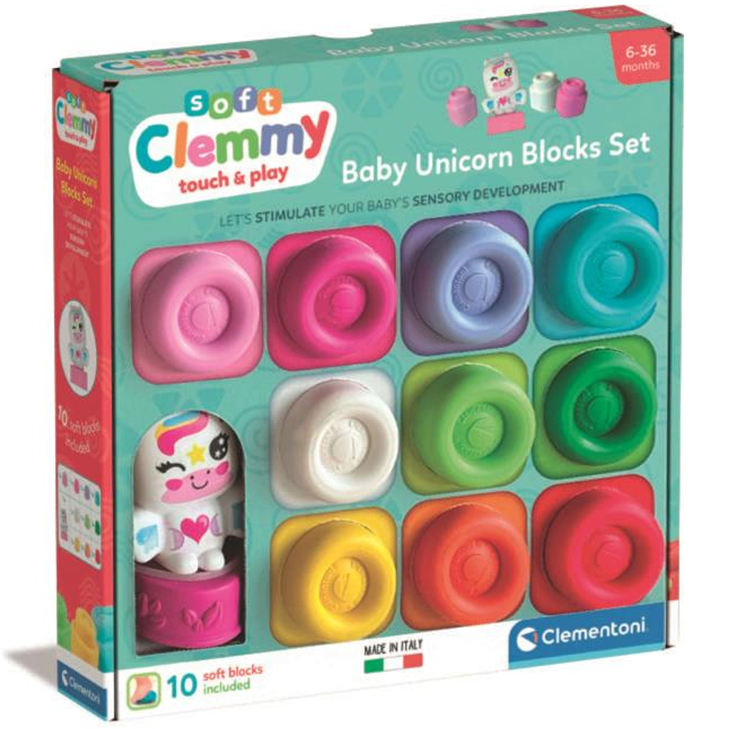 Clemmy: Set de 10 piese - blocuri moi de construit colorate cu o figurină de unicorn - Clementoni