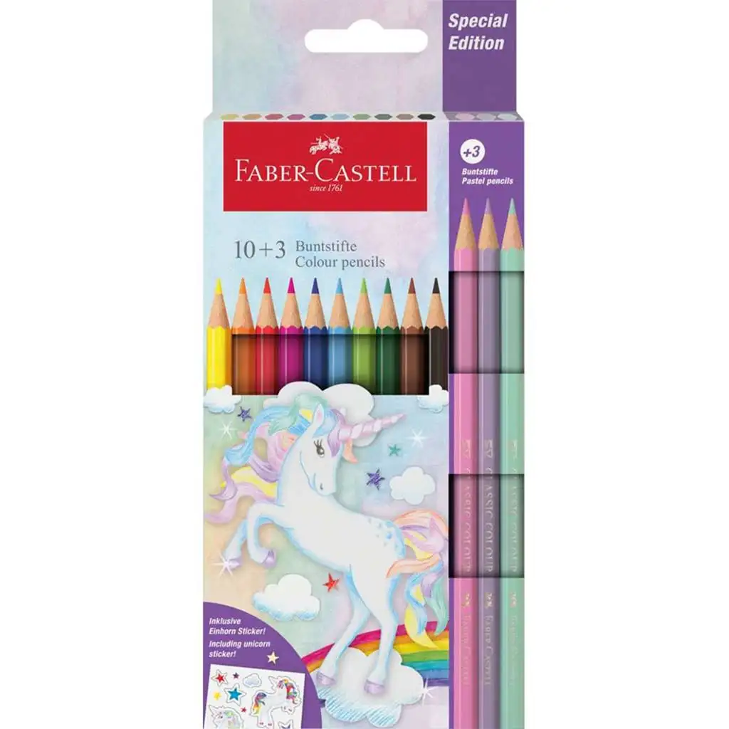 Faber-Castell: Set de creioane colorate Grip Unicorn, 13 bucăți, culori pastelate.