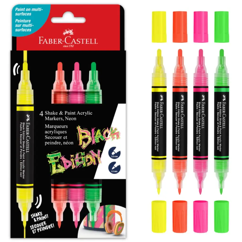 Faber-Castell: Set de markere colorate Black Edition Shake &amp; Paint cu două capete, 3mm și 1mm, 4 bucăți