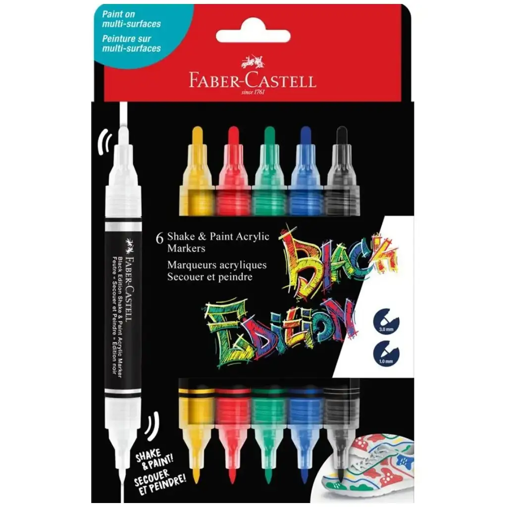 Faber-Castell: Set de markere colorate Black Edition Shake &amp; Paint, cu două capete, 3mm și 1mm, 6 bucăți