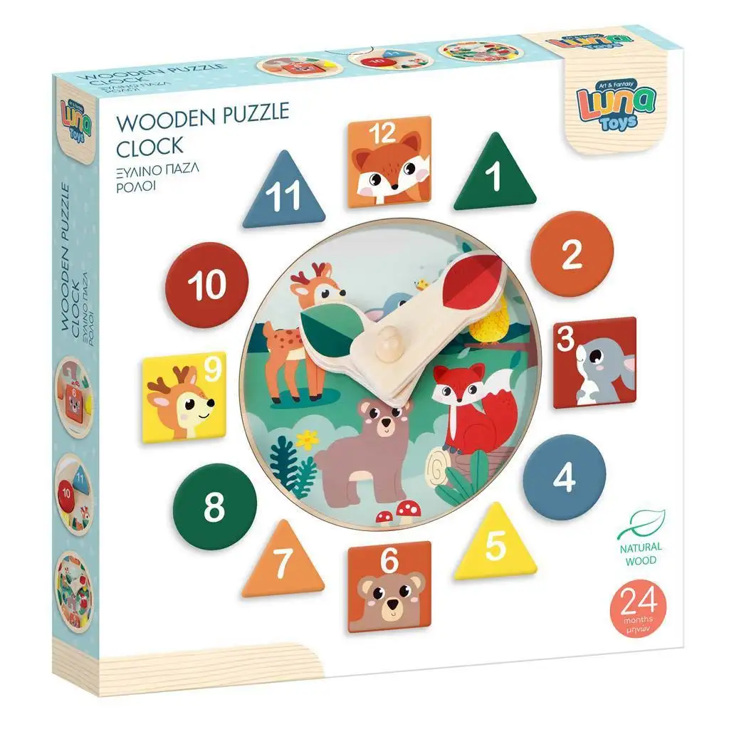 Joc de dezvoltare a abilităților cu ceas de potrivire a formelor din lemn colorat, 12 bucăți.