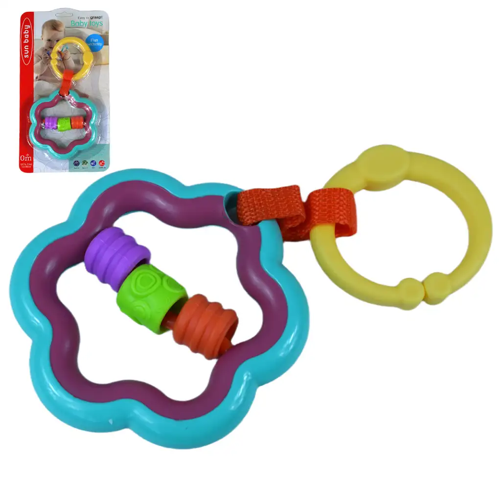 Jucărie de agățat colorată pentru bebeluși, cu zornăitor și inel de ros