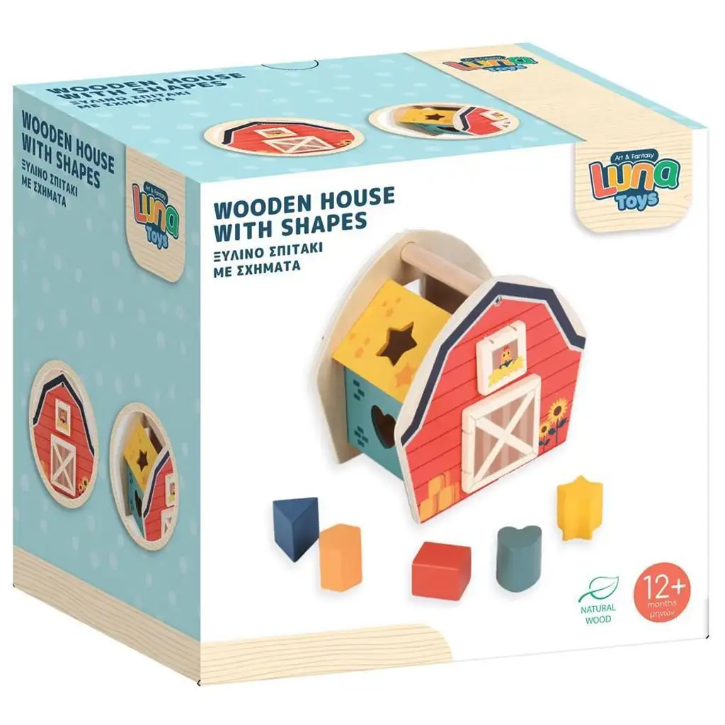 Luna: Joc educativ de sortare a formelor, căsuță din lemn colorată