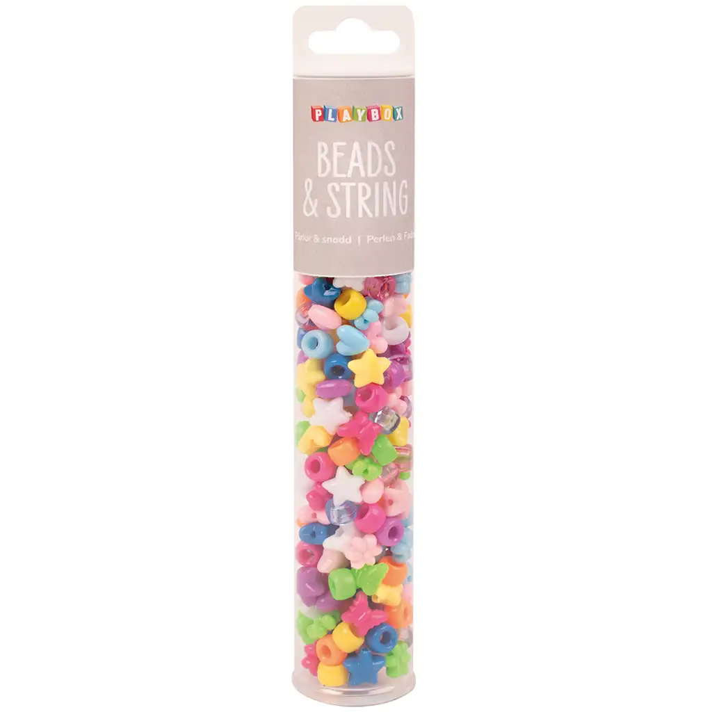 PlayBox: Mărgele colorate de diferite forme, perforate pentru înșirat, 200 bucăți