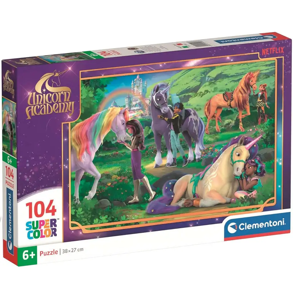 Puzzle Supercolor 104 de piese – Academie de Unicorni, prietenie în culorile curcubeului – Clementoni