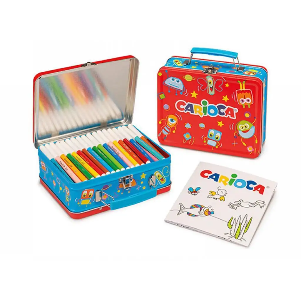 Set de 100 markere în cutie de metal cu carte de colorat - Carioca