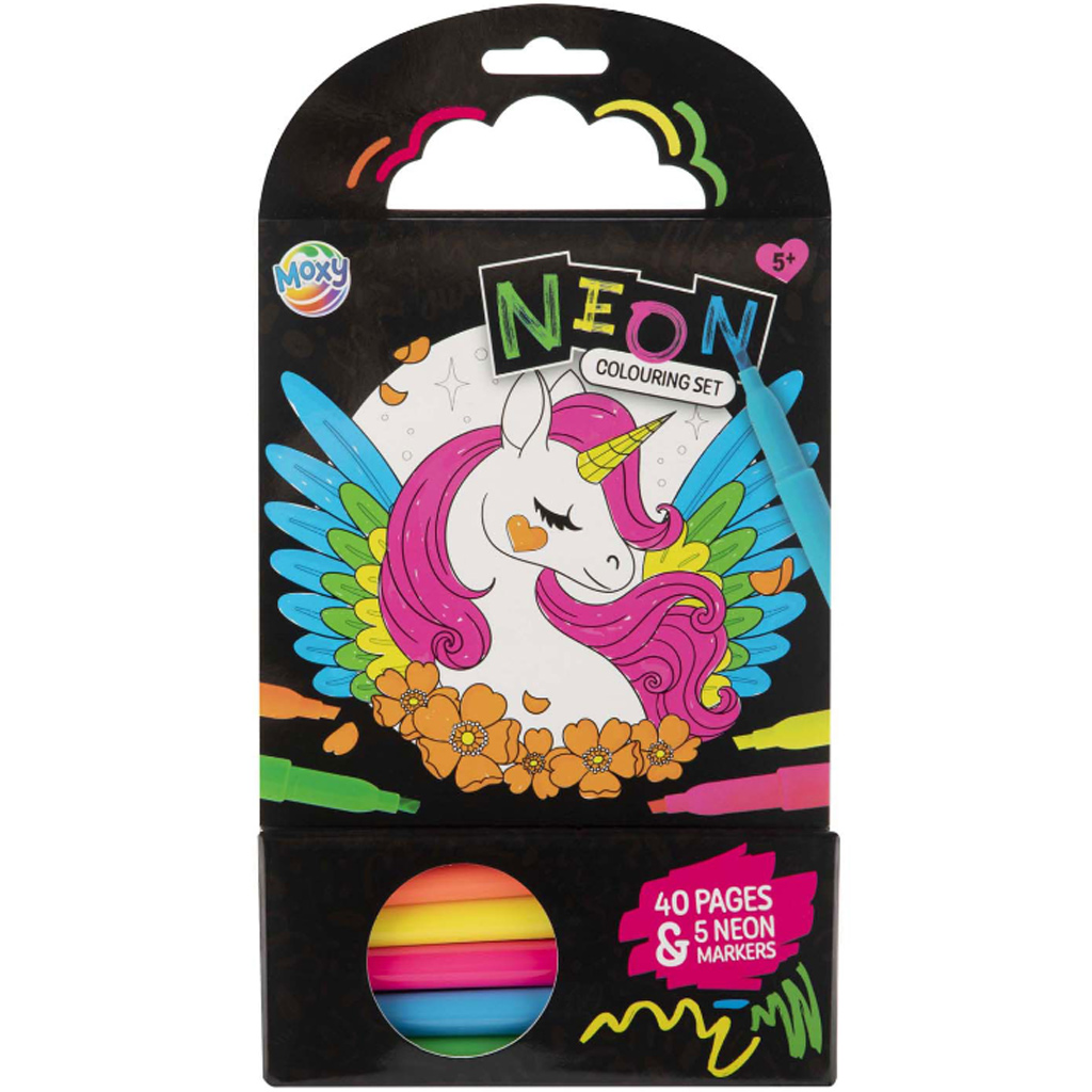 Set de colorat cu 40 de pagini, cu modele cu unicorni și prințese, include 5 markere neon