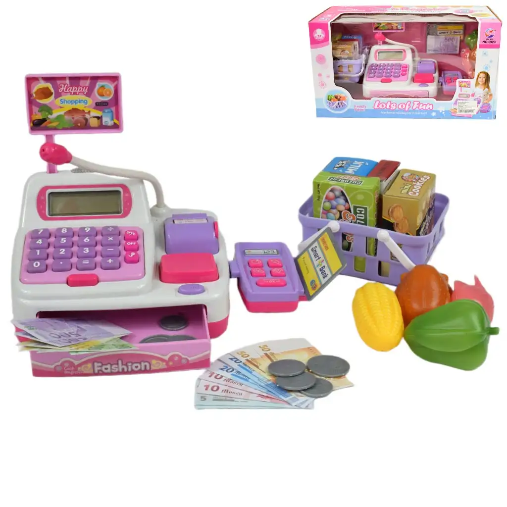 Happy Shopping: Casă de marcat electronică alb-roz cu sunet si accesorii 22,5x17cm