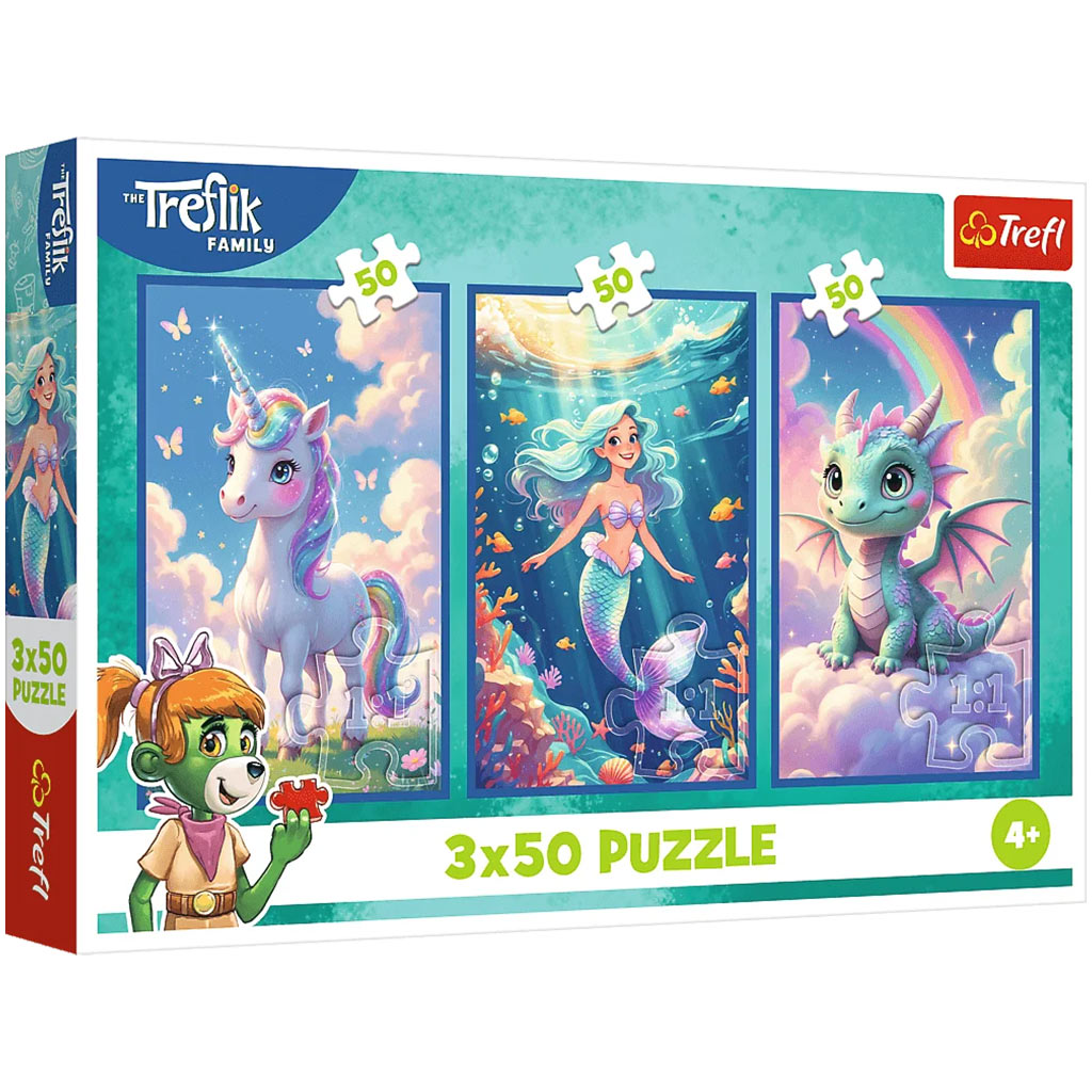 Lume de basm colorată – puzzle 3 x 50 de piese cu unicorn, sirenă și dragon – Trefl