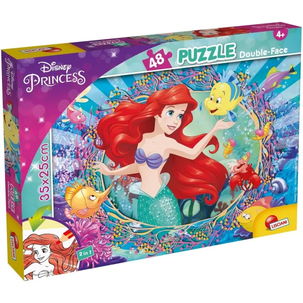 Ariel, mica sirenă 2 în 1 puzzle cu 48 de piese și carte de colorat 35x25cm - Lisciani imaginea 1