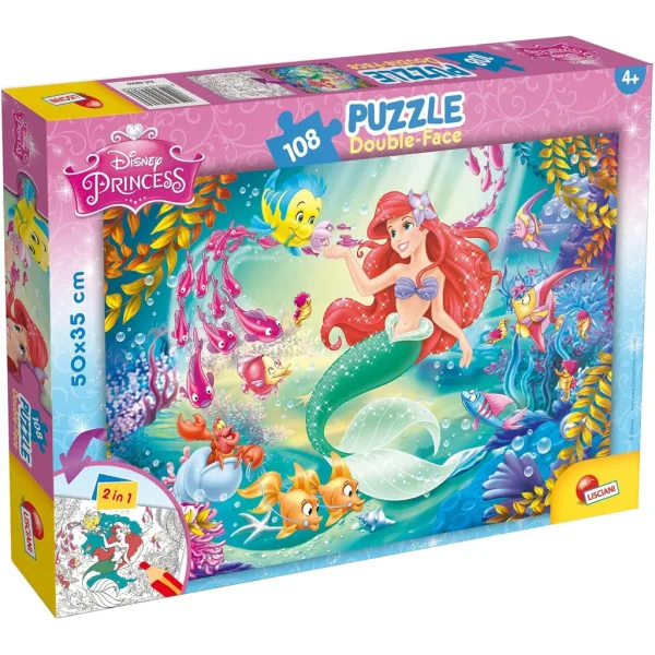 Ariel, mica sirenă 2 în 1 puzzle de 108 piese și carte de colorat 50x35cm - Lisciani imaginea 1