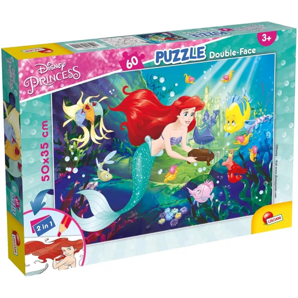 Ariel, mica sirenă 2 în 1 puzzle de 60 piese și carte de colorat 50x35cm - Lisciani imaginea 1