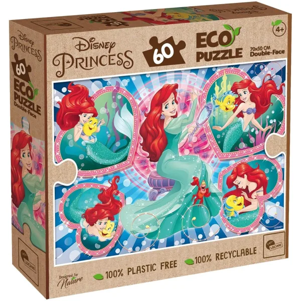 Ariel, mica sirenă, puzzle Eco 2 în 1 cu 60 de piese și carte de colorat 70x50cm - Lisciani imaginea 1