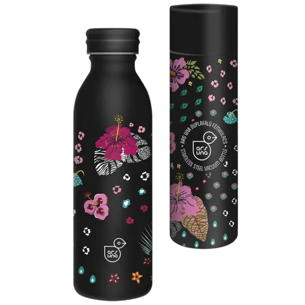 Ars Una: Black Hibiscus sticlă metalică cu pereți dubli în cutie decorativă 600ml imaginea 1