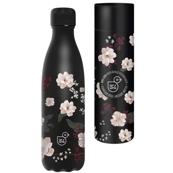 Ars Una: Flowery Black sticlă metalică cu pereți dubli în cutie decorativă 500ml imaginea 1