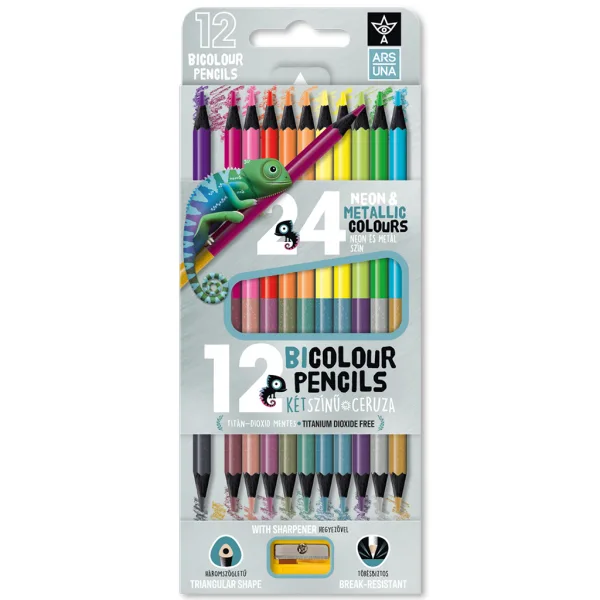 Ars Una: Set de creioane colorate bicolor neon-metalice, triunghiulare, 12/24 bucăți, cu ascuțitoare imaginea 1
