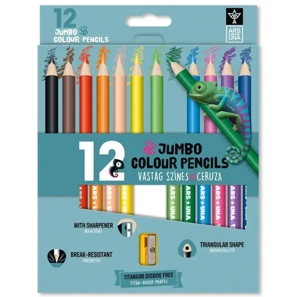 Ars Una: Set de creioane colorate triunghiulare JUMBO cu 12 culori, cu ascuțitoare. imaginea 1