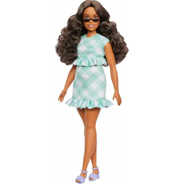 Barbie: Păpușă Fashionista stilată în rochie în carouri verde-alb - Mattel imaginea 2