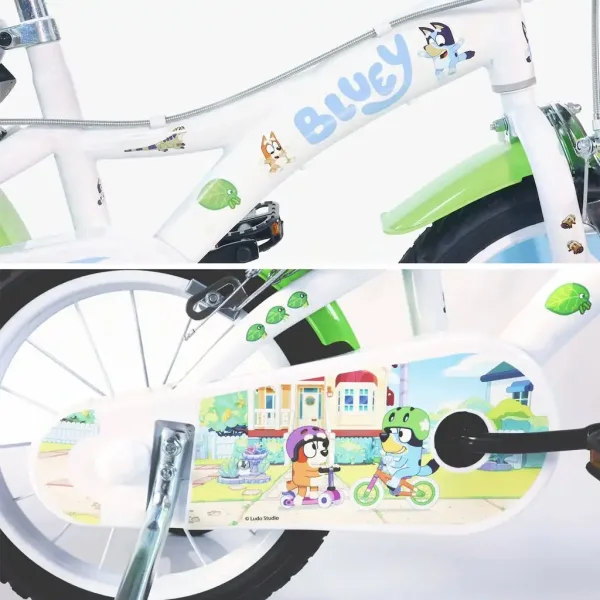 Bicicletă pentru copii Bluey de 14” cu suport pentru sticlă de apă și roți ajutătoare, în culorile alb-albastru-verde – bicicletă Dino Bikes imaginea 3