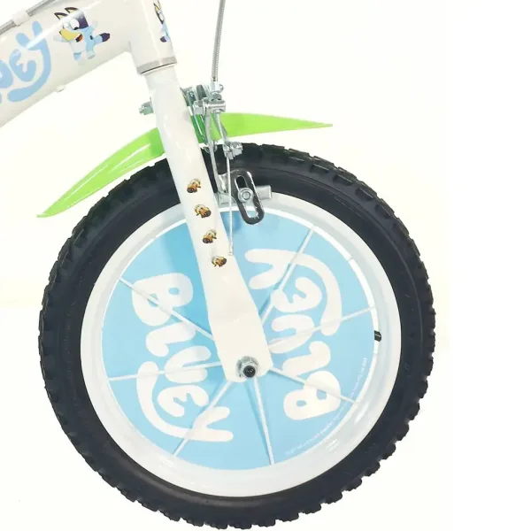 Bicicletă pentru copii Bluey de 14” cu suport pentru sticlă de apă și roți ajutătoare, în culorile alb-albastru-verde – bicicletă Dino Bikes imaginea 4