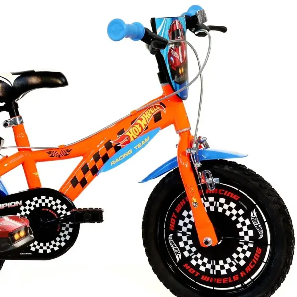 Bicicletă pentru copii Hot Wheels 14” cu suport pentru sticlă și roți ajutătoare, culoare portocaliu-negru – bicicletă Dino Bikes imaginea 3