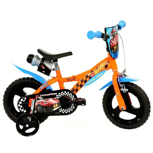 Bicicletă pentru copii Hot Wheels de 12” cu suport pentru sticlă și roți ajutătoare, în culori portocaliu-negru – bicicletă Dino Bikes imaginea 1