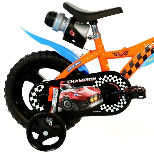 Bicicletă pentru copii Hot Wheels de 12” cu suport pentru sticlă și roți ajutătoare, în culori portocaliu-negru – bicicletă Dino Bikes imaginea 2