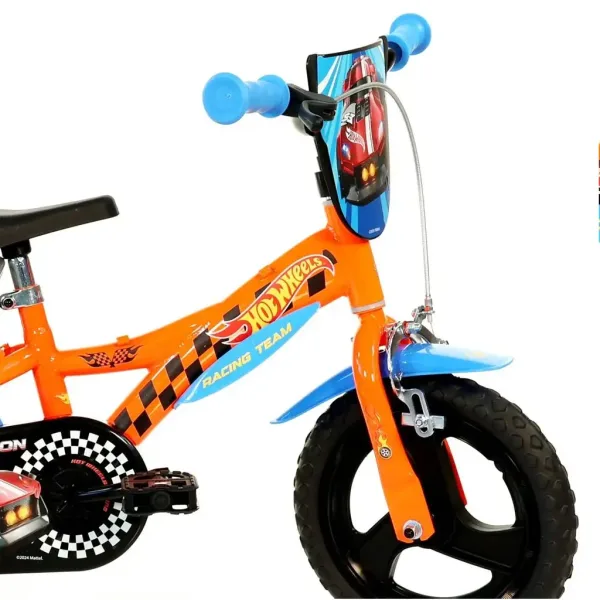 Bicicletă pentru copii Hot Wheels de 12” cu suport pentru sticlă și roți ajutătoare, în culori portocaliu-negru – bicicletă Dino Bikes imaginea 3