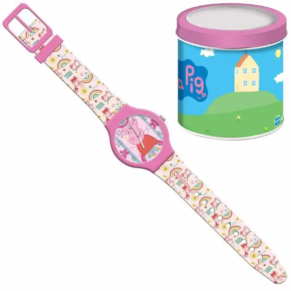 Ceas analog Peppa Pig în cutie decorativă de metal. imaginea 1