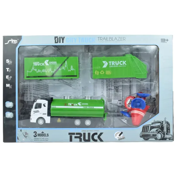 City Truck: Camion de transport deșeuri transformabil cu roți inerțiale și indicatoare rutiere, 19cm imaginea 9