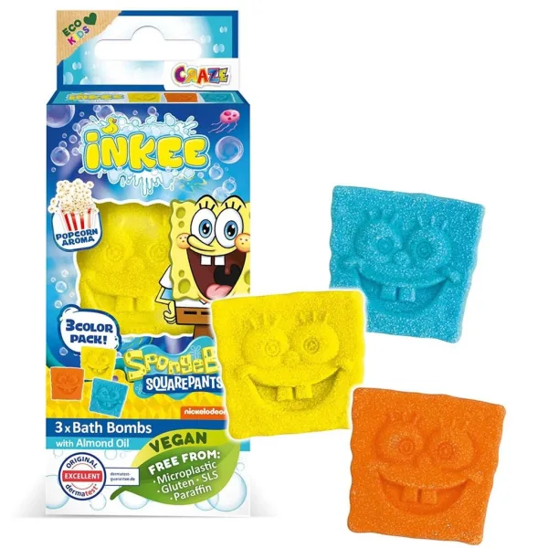 Craze Inkee: Bomba de baie vegană sub formă de SpongeBob, cu aromă de popcorn, set de 3 bucăți imaginea 1
