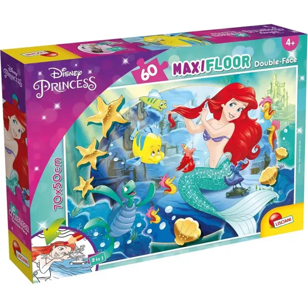 Disney Ariel 2 în 1 puzzle maxi cu 60 de piese și carte de colorat 70x50cm - Lisciani imaginea 1