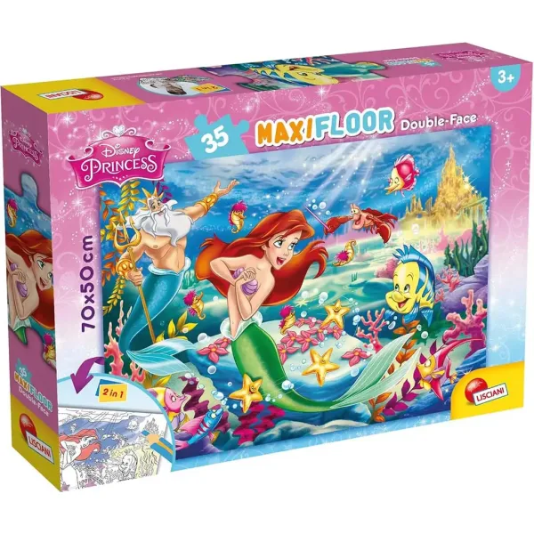 Disney Ariel 2 în 1 puzzle maxi de 35 piese și carte de colorat 70x50cm - Lisciani imaginea 1