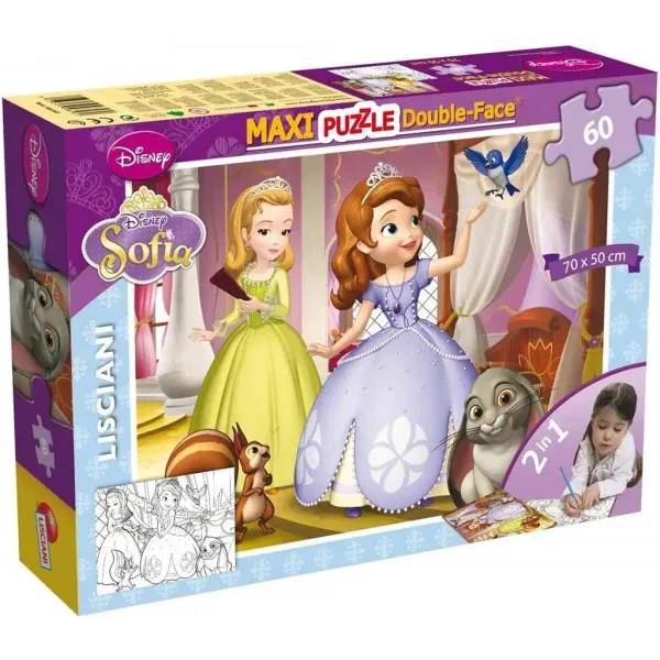 Disney Sofia Întâi puzzle maxi 2 în 1 cu 60 de piese și planșă de colorat 70x50cm - Lisciani imaginea 1