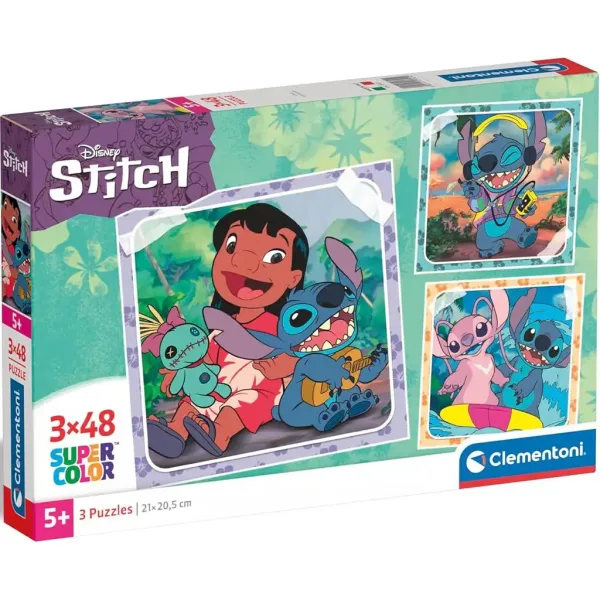 Puzzle Supercolor Disney Stitch, 3 x 48 de piese - Clementoni