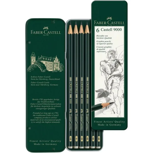 Faber-Castell: Set de 6 creioane grafit Castell 9000 în cutie metalică imaginea 2