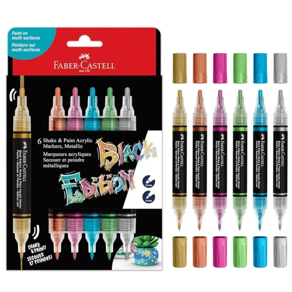 Faber-Castell: Set de markere metalice colorate Black Edition Shake & Paint, cu două capete, 3 mm și 1 mm, 6 bucăți imaginea 1