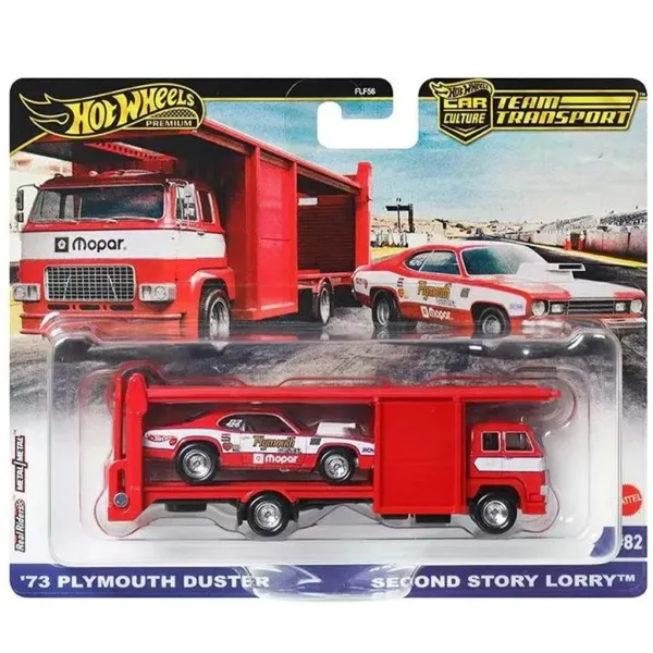 Hot Wheels: Second Story Lorry Transportor auto premium și mașinuță 73 Plymouth Duster 1/64 - Mattel imaginea 1