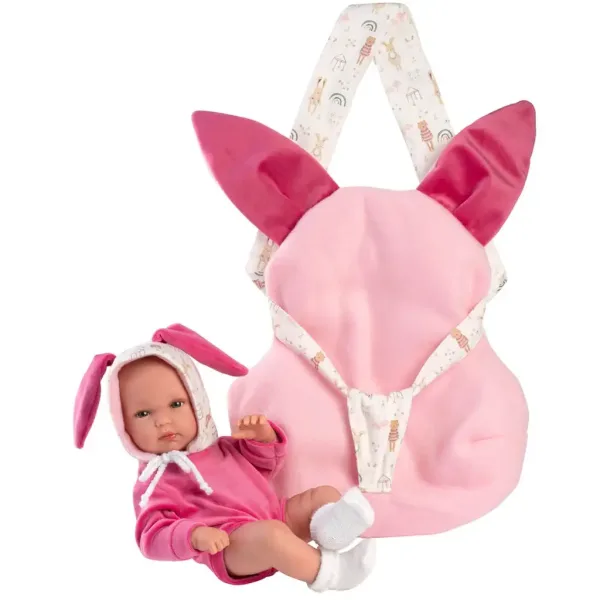 Llorens: Păpușă nou-născută Bimba cu port-bebe roz cu iepuraș, 35 cm imaginea 4