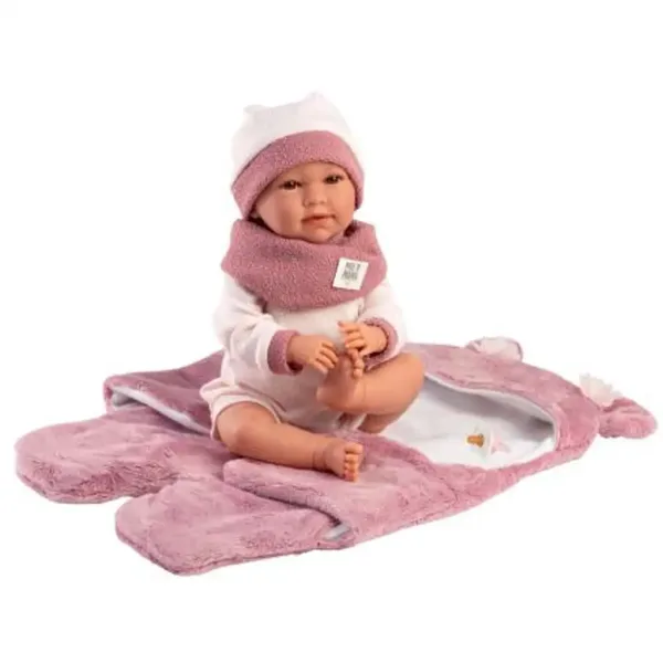 Llorens: Mimi, păpușă plângătoare de 42 cm cu sac de dormit roz cu urechi de ursuleț. imaginea 3