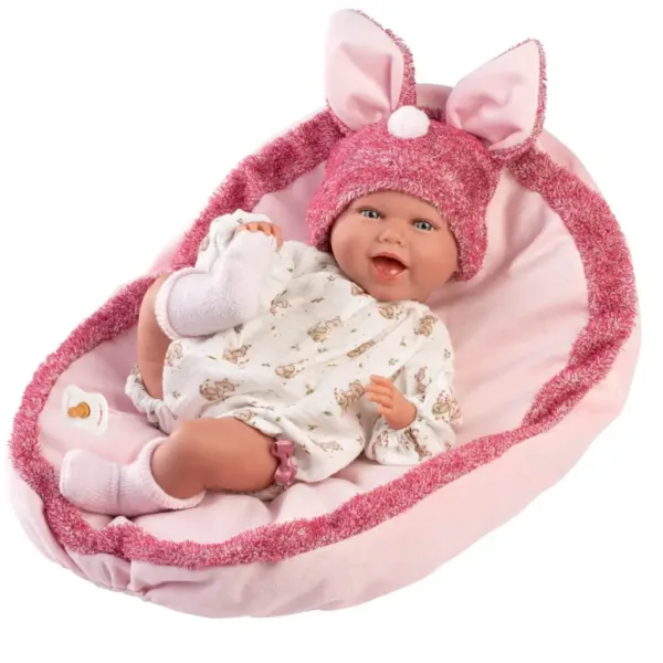 Llorens: Mimi, păpușă zâmbitoare de 42 cm cu urechi de iepuraș și căciulă roz, cu pernă imaginea 2