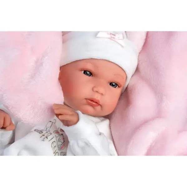 Llorens: Păpușă Bimba de 35 cm cu sac de dormit roz cu iepurași imaginea 3