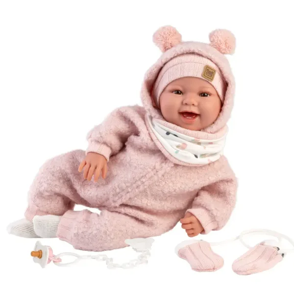 Llorens: Păpușă nou-născută Tala Sonrisas de 44 cm cu sunete, în salopetă roz. imaginea 3
