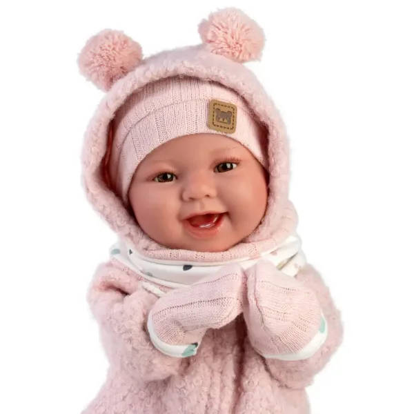 Llorens: Păpușă nou-născută Tala Sonrisas de 44 cm cu sunete, în salopetă roz. imaginea 4