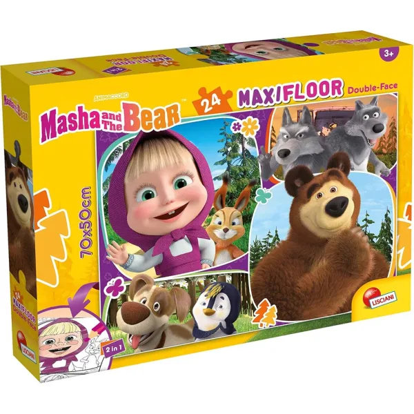 Masha și ursul 2 în 1 maxi puzzle de 24 de piese și carte de colorat 70x50cm - Lisciani imaginea 1