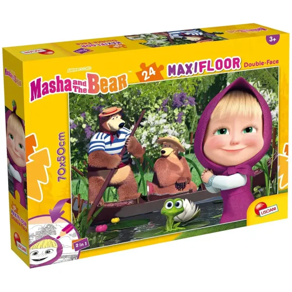 Masha și ursul 2 în 1 puzzle maxi de podea cu 24 de piese și carte de colorat 70x50cm - Lisciani imaginea 1