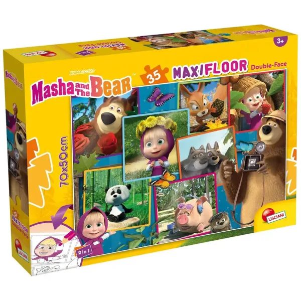 Masha și ursul imagini 2 în 1 puzzle maxi de podea cu 35 piese și carte de colorat 70x50cm - Lisciani imaginea 1