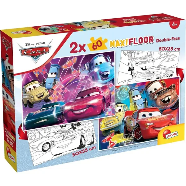 Mașini 2 în 1 maxi puzzle 2x60 piese și carte de colorat 50x35cm - Lisciani imaginea 1