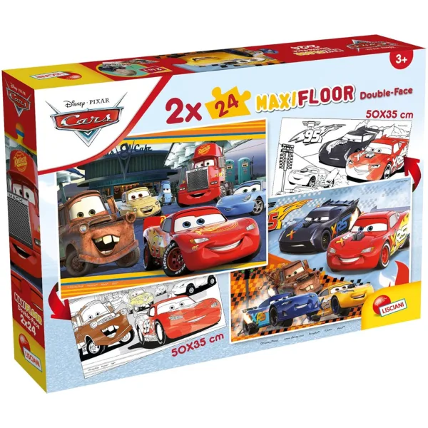 Mașini 2 în 1 puzzle maxi 2x24 de piese și carte de colorat - Lisciani imaginea 1