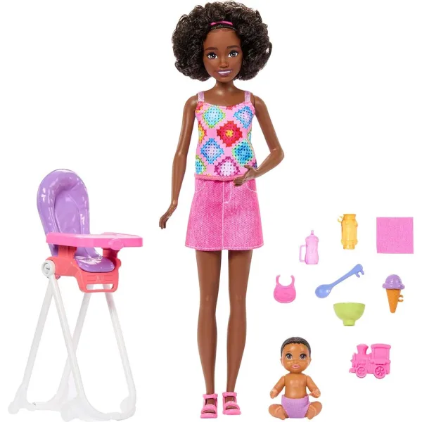 Păpușa Barbie într-o rochie roz set de joacă bone babysitter - Mattel imaginea 2